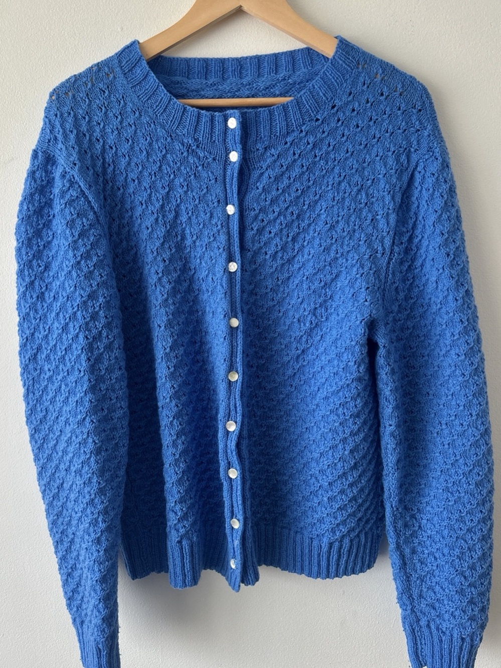 Gorgeous Blue Hand Knit Cardigan with Cream Buttons, Like New • Women’s Small